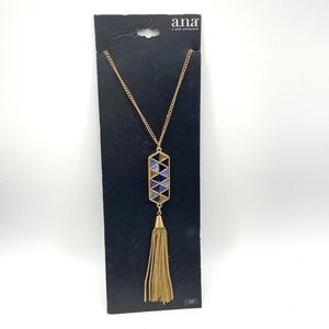 a.n.a Necklace Goldtone & Blue Inlay Long Chain Tassel